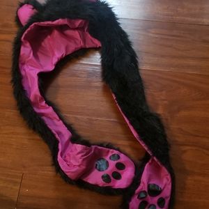 Faux fur cat hat with mittens attached